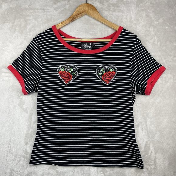 Hell Bunny Tops - Hell Bunny Women's Large T Shirt Embroidered Rose Patch Goth Vamp Rockabilly